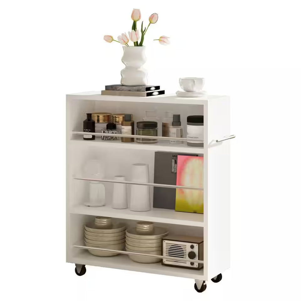 Movable Slim Storage Cart White Wooden Kitchen Cart with 3-Tier Adjustable Shelves Rolling Cart for Home Organizer