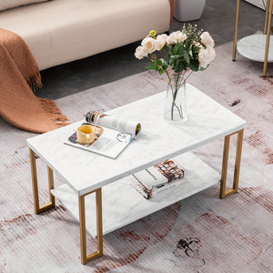 (106 X 50 X 48cm) Simple Double-layer Golden Iron Pipe Marble PVC Coffee Table Rectangular