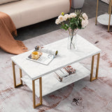 (106 X 50 X 48cm) Simple Double-layer Golden Iron Pipe Marble PVC Coffee Table Rectangular