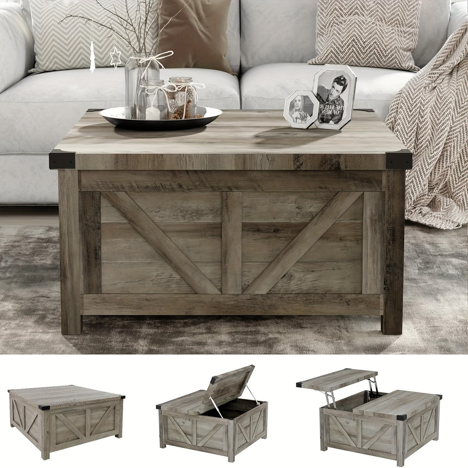 "35"" Farmhouse Lift Top Coffee Table with Storage, Wood Square Center Table with Charging Station & USB Ports, Large Hidden Space for Living Room, Bedroom, Home Office"