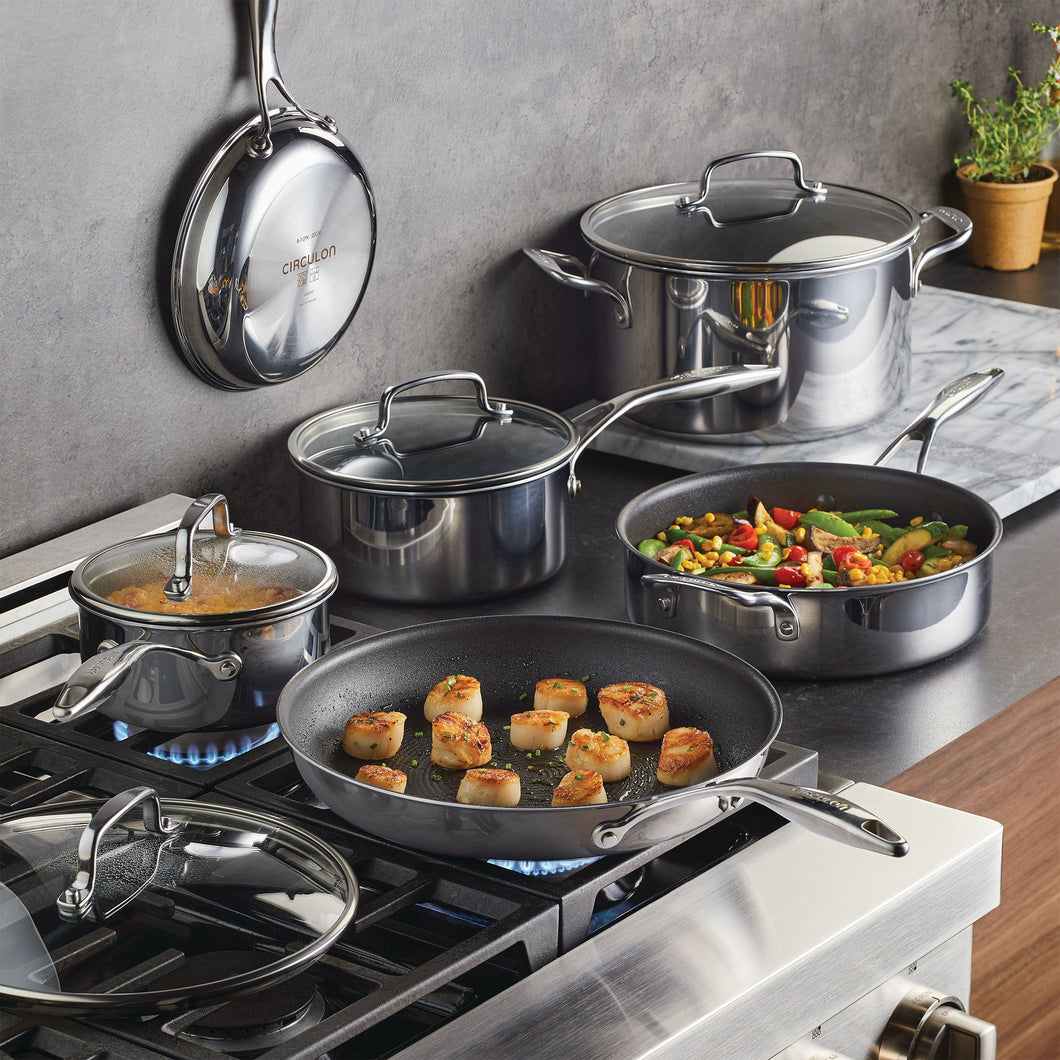 C1 Series Clad Stainless Steel with Scratchdefense Non-Stick Cookware Set, 10-Piece