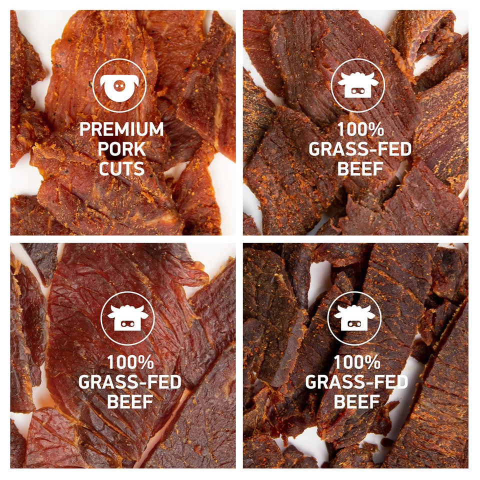 All Natural Beef Jerky and Pork Jerky Variety Flavors - Protein Packed Snacks Roasted for Maximum Flavor - Gluten Free - 2.7 Ounce (Pack of 4)