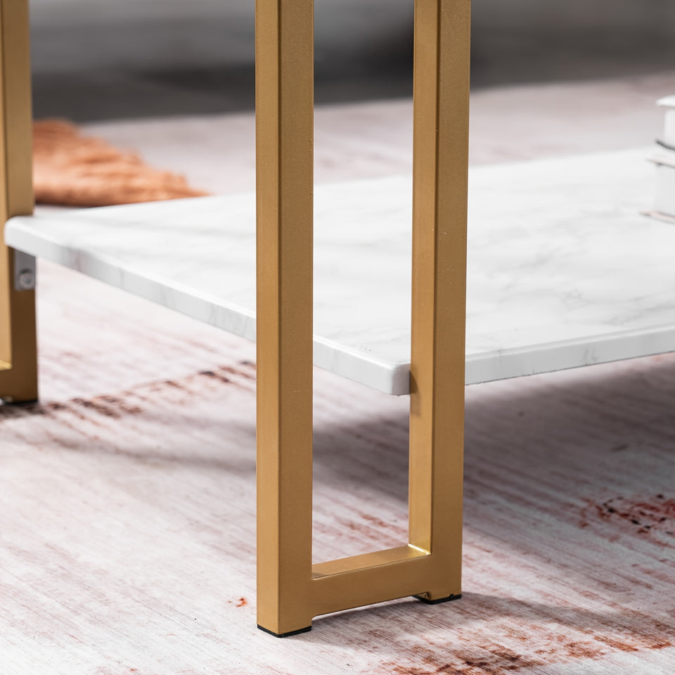 (106 X 50 X 48cm) Simple Double-layer Golden Iron Pipe Marble PVC Coffee Table Rectangular