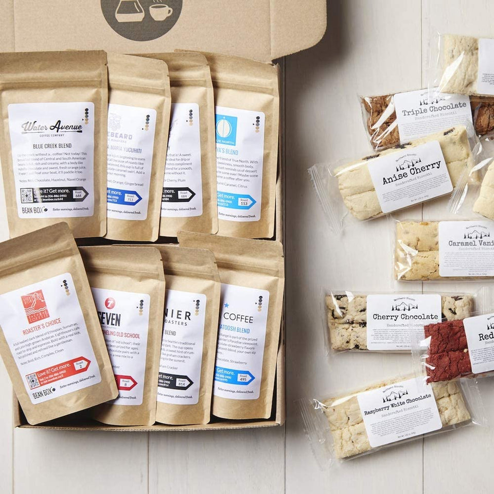 Deluxe Coffee + Biscotti Gift Box | Specialty Coffee Gift Set | Gourmet Coffee Kit | Coffee Gifts for Women and Men | Care Package | Whole Bean Coffee | 16 Piece Variety Set