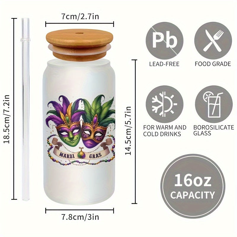 "MARDI GRAS" Insulated Glass Tumbler with Bamboo Lid and Straw - Reusable, Multipurpose for Hot and Cold Drinks, Perfect for Iced Coffee, Smoothies, Boba Tea, Whiskey Water