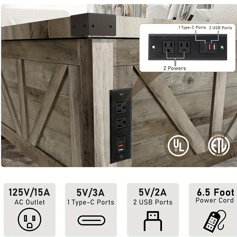 "35"" Farmhouse Lift Top Coffee Table with Storage, Wood Square Center Table with Charging Station & USB Ports, Large Hidden Space for Living Room, Bedroom, Home Office"